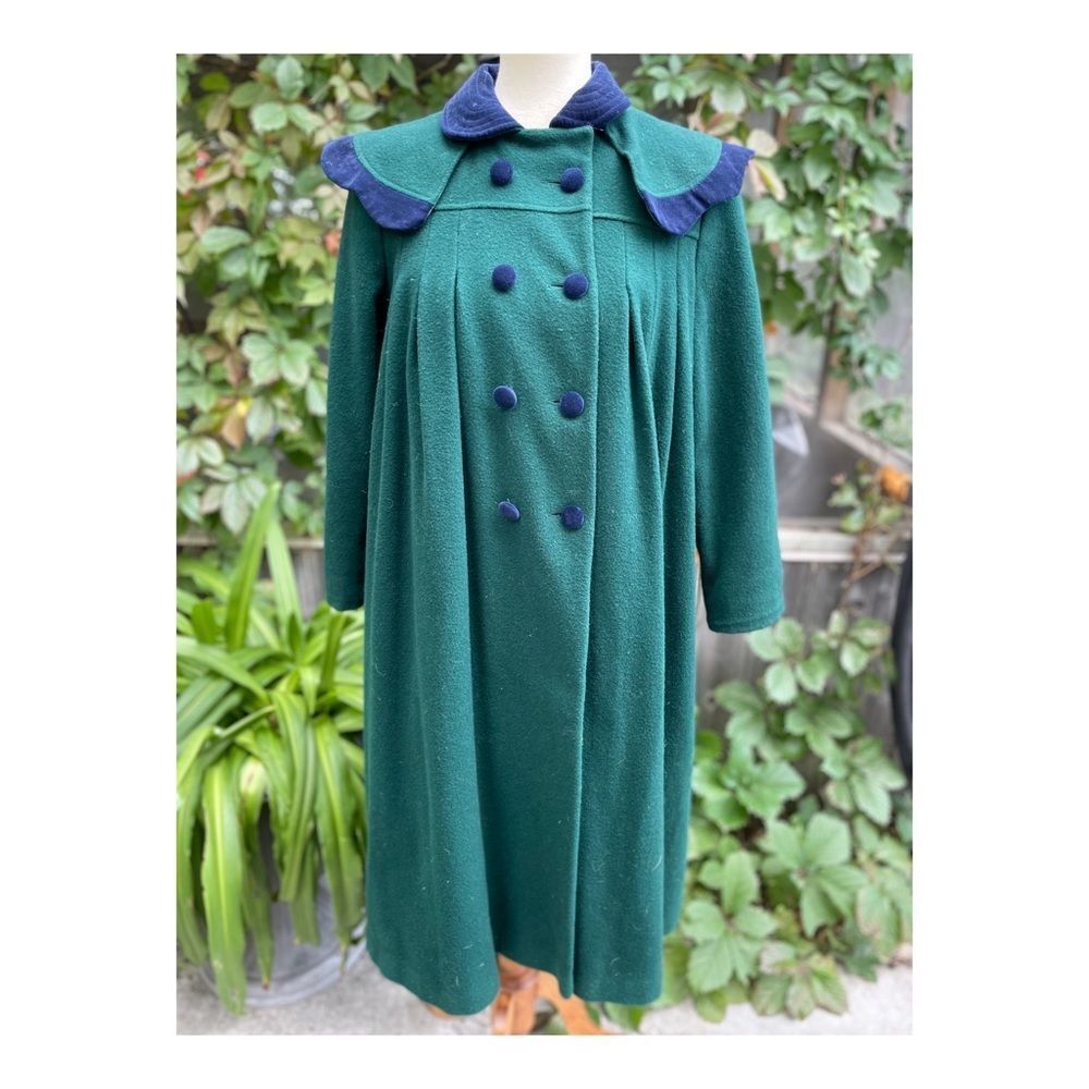 Vintage 90s Green Wool Swing Dress Coat Peacoat Blue Velvet Trim Youth XXL